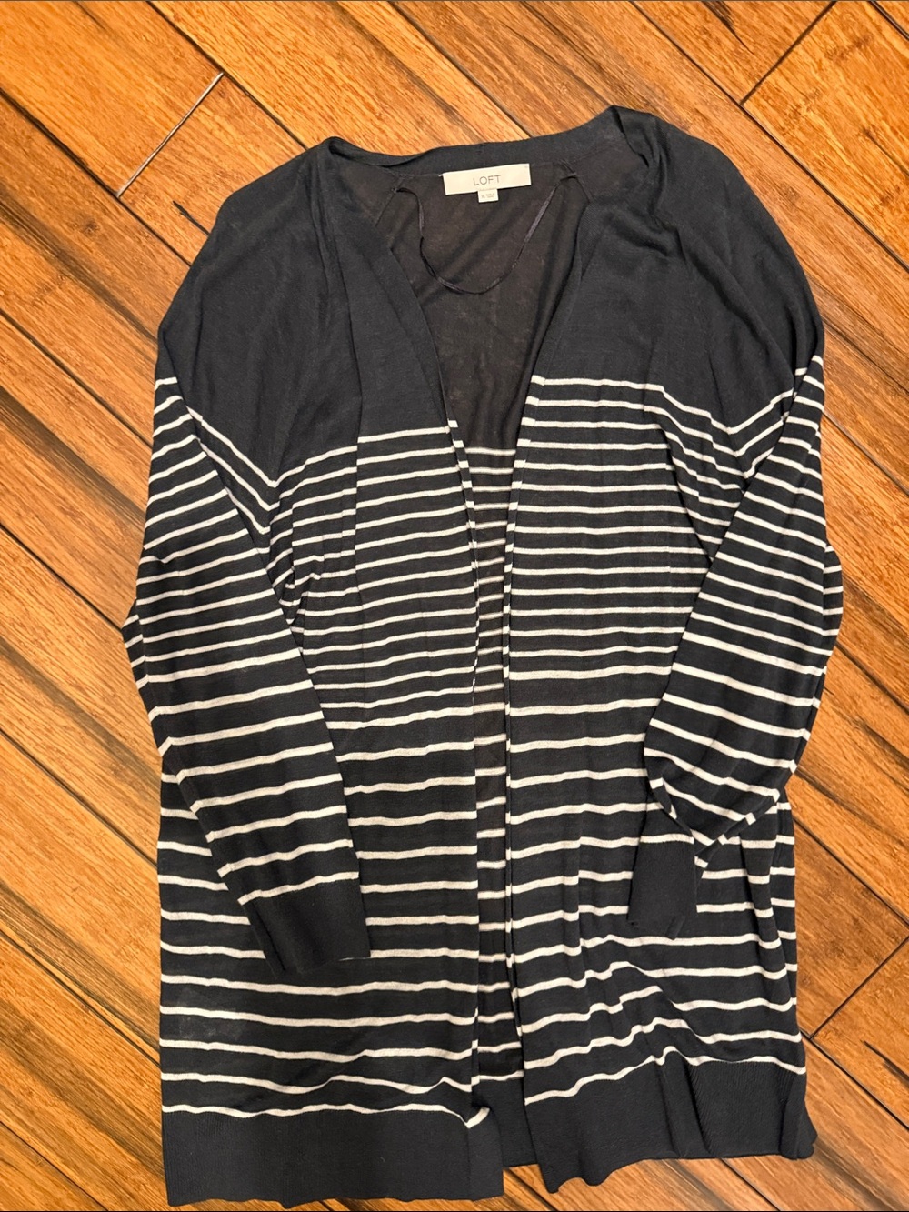 LOFT XL Gray & White Striped Open-Front Cardigan